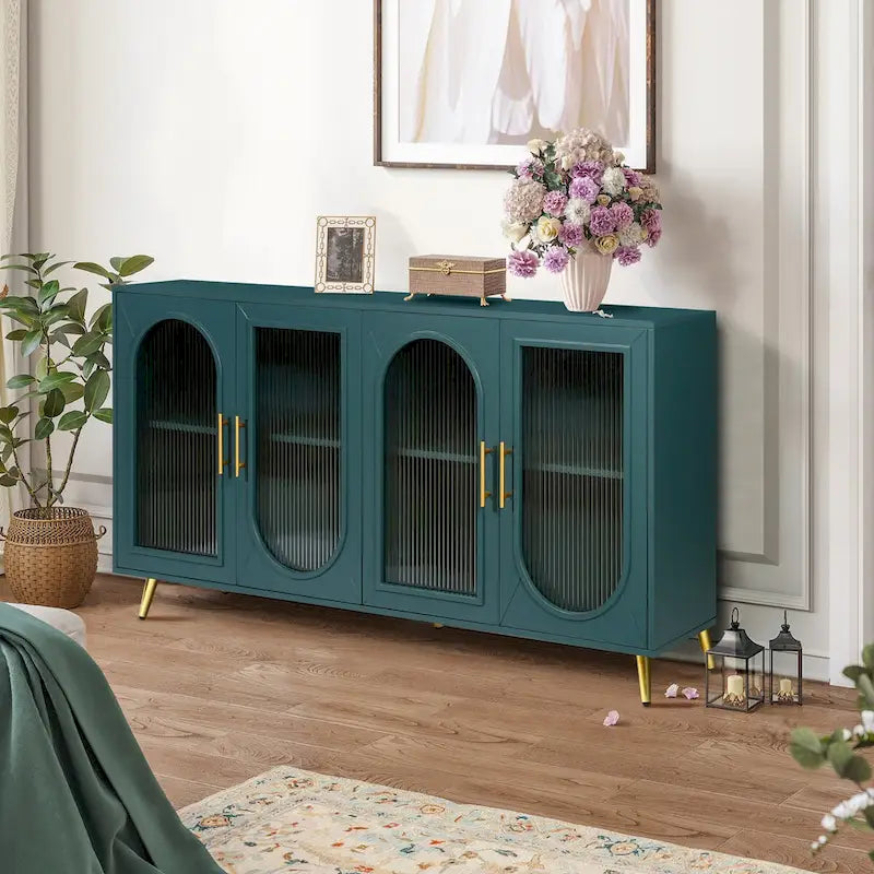 Meuble TV en bois de 60 pouces avec armoire de rangement et porte en verre