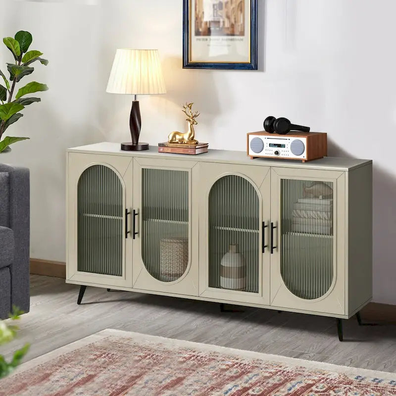 Meuble TV en bois de 60 pouces avec armoire de rangement et porte en verre