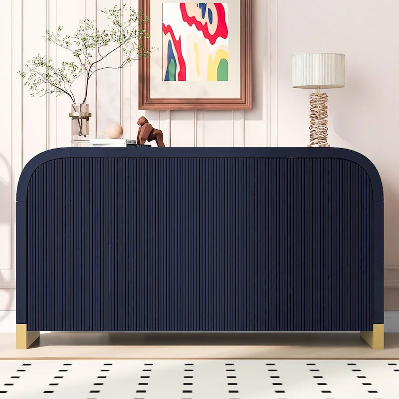 Meuble de rangement 4 portes à coins arrondis et panneaux de portes ondulés, avec étagères réglables