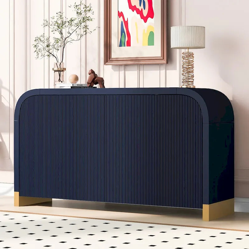 Meuble de rangement 4 portes à coins arrondis et panneaux de portes ondulés, avec étagères réglables
