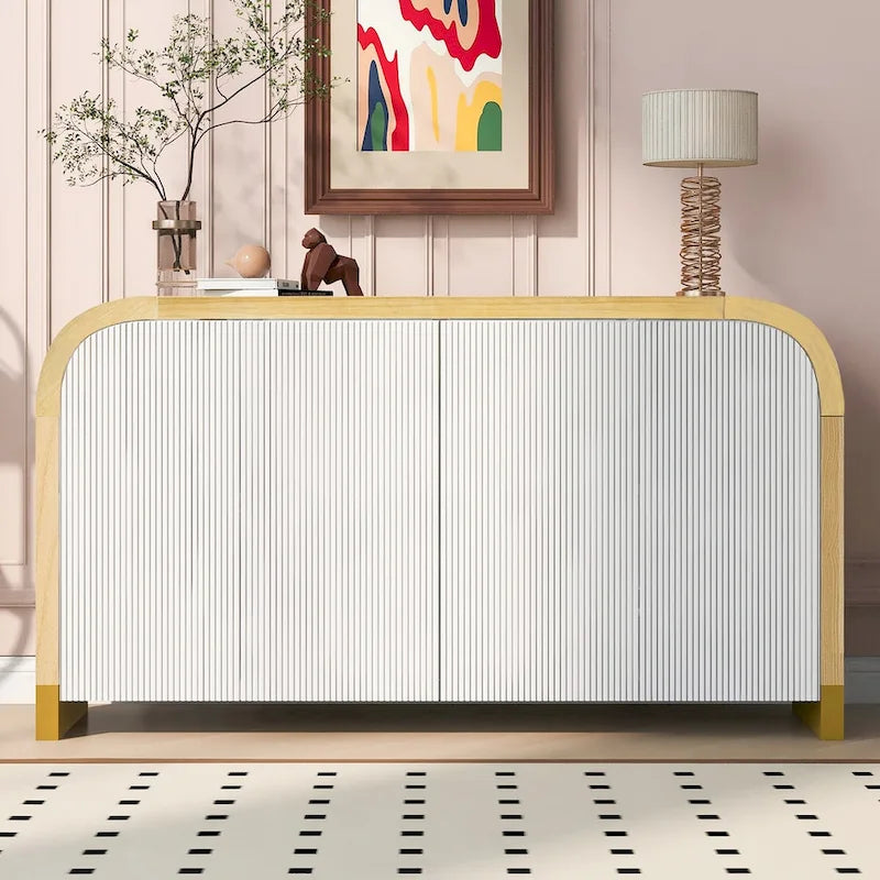 Meuble de rangement 4 portes à coins arrondis et panneaux de portes ondulés, avec étagères réglables