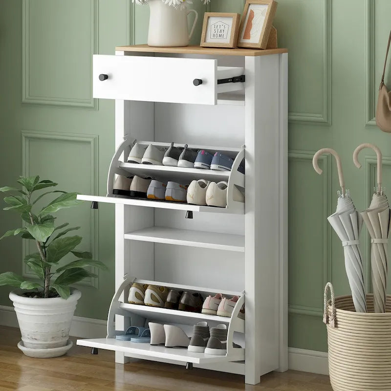 Meuble d'entrée avec 2 tiroirs basculants, meuble à chaussures avec plateau en bois et tiroir, étagère à chaussures autoportante avec panneau réglable, blanc