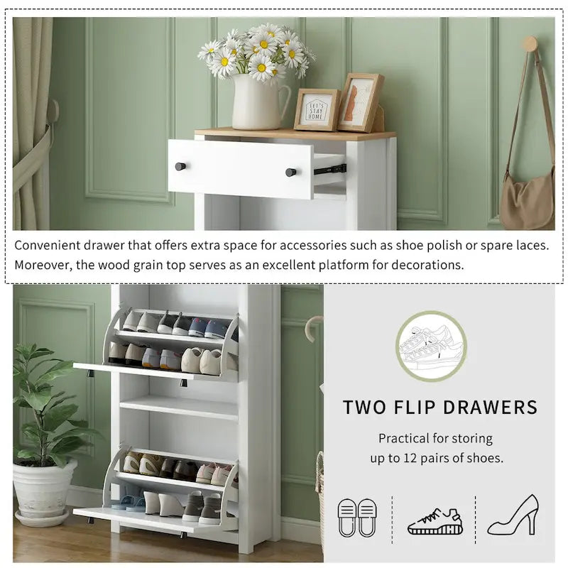 Meuble d'entrée avec 2 tiroirs basculants, meuble à chaussures avec plateau en bois et tiroir, étagère à chaussures autoportante avec panneau réglable, blanc