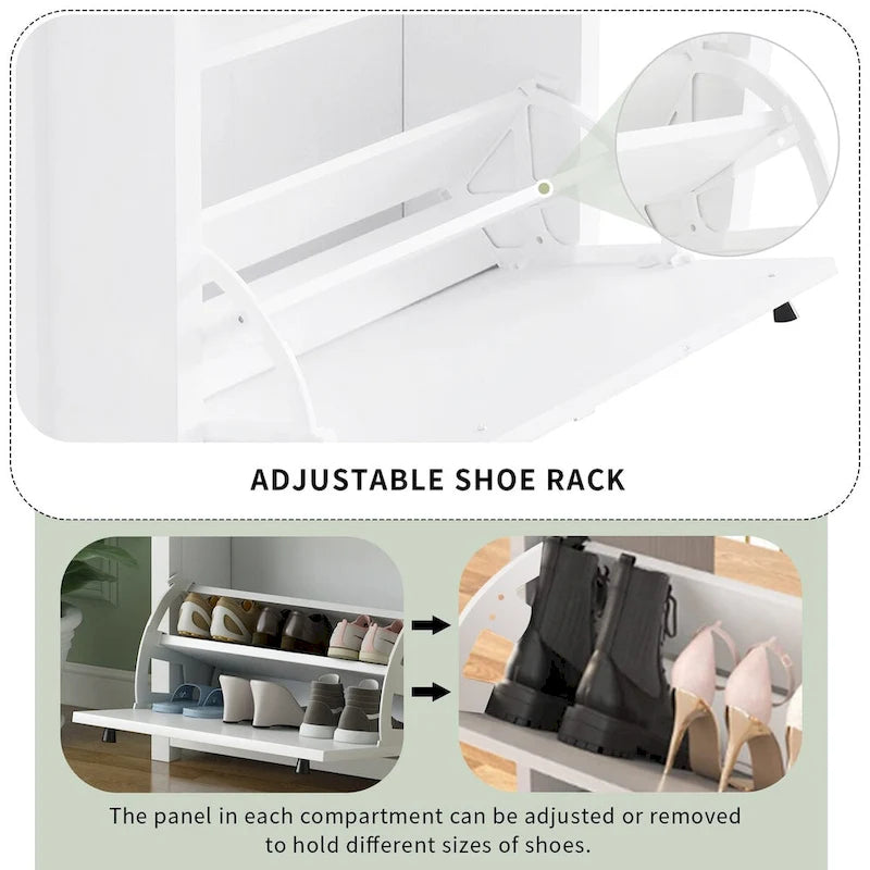 Meuble d'entrée avec 2 tiroirs basculants, meuble à chaussures avec plateau en bois et tiroir, étagère à chaussures autoportante avec panneau réglable, blanc