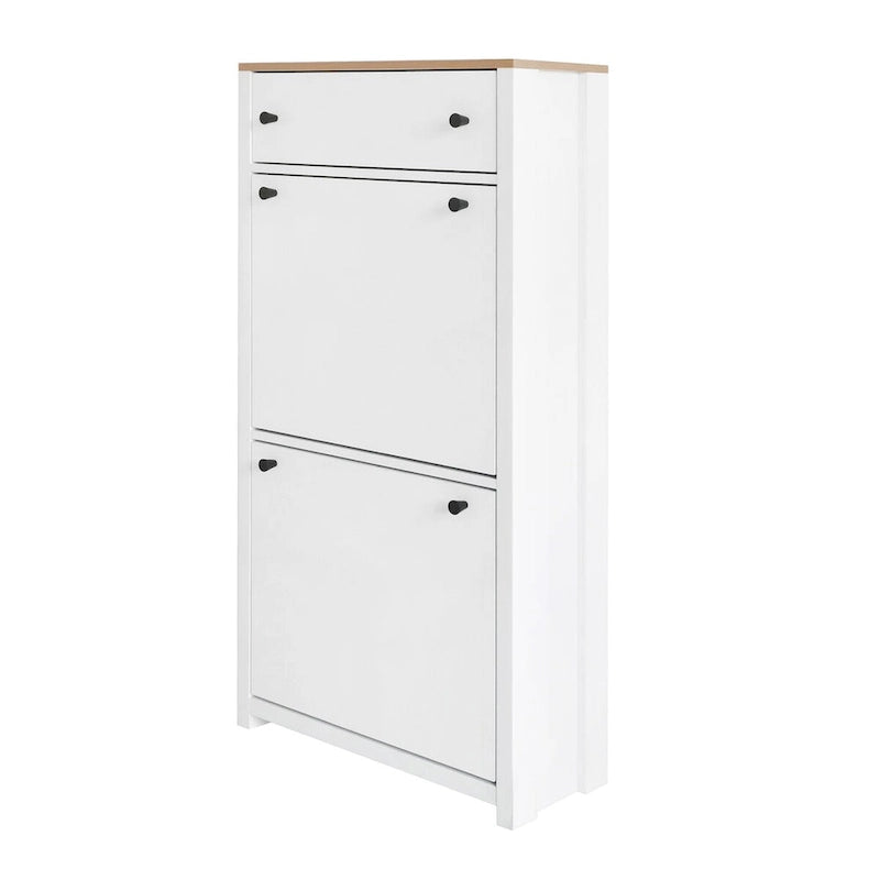 Meuble d'entrée avec 2 tiroirs basculants, meuble à chaussures avec plateau en bois et tiroir, étagère à chaussures autoportante avec panneau réglable, blanc