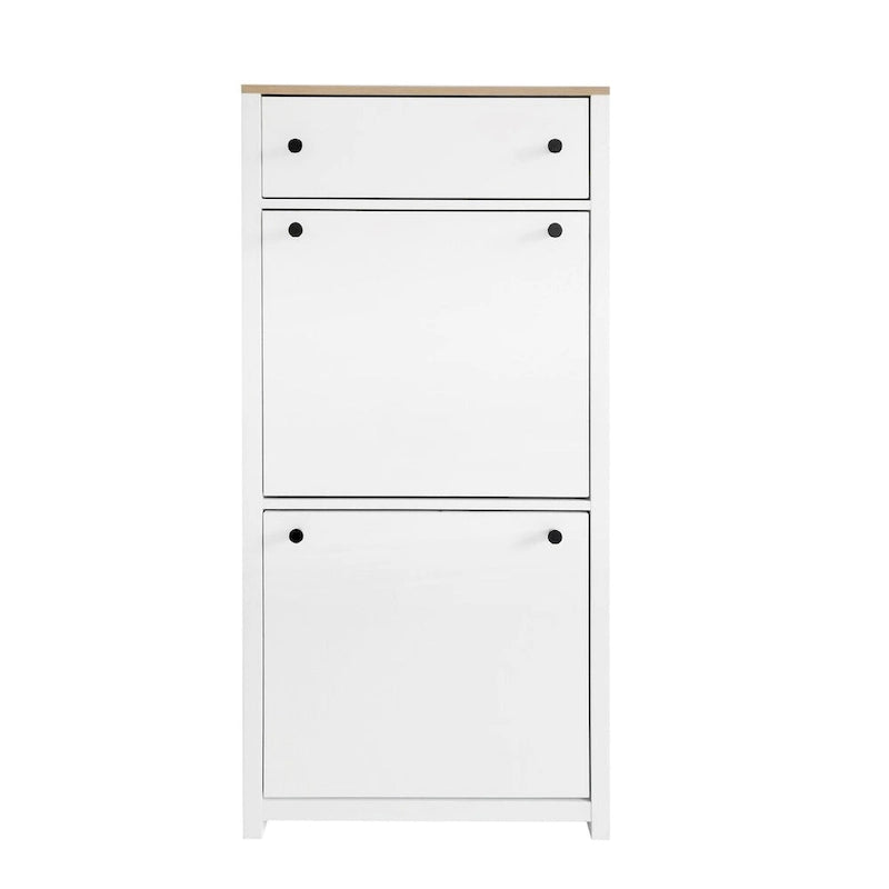 Meuble d'entrée avec 2 tiroirs basculants, meuble à chaussures avec plateau en bois et tiroir, étagère à chaussures autoportante avec panneau réglable, blanc