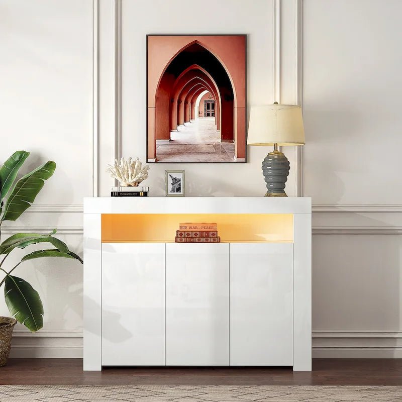 Meuble de Rangement Buffet de Cuisine Moderne Noir Laqué Brillant avec Lumières LED, Meuble TV avec 3 Portes