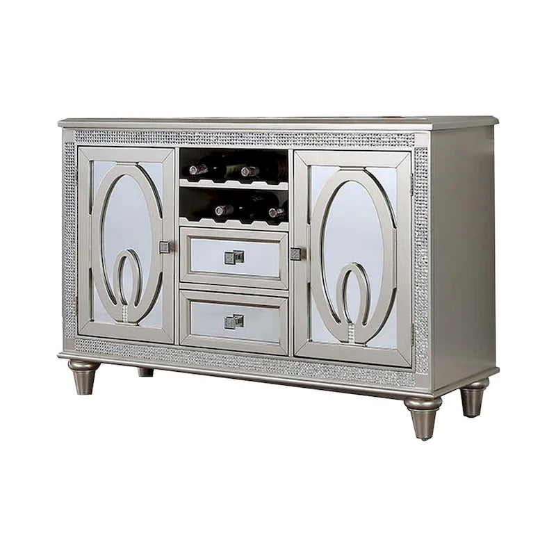 Console de buffet Cate 137 cm, 2 portes, casier à vin, miroir, argenté