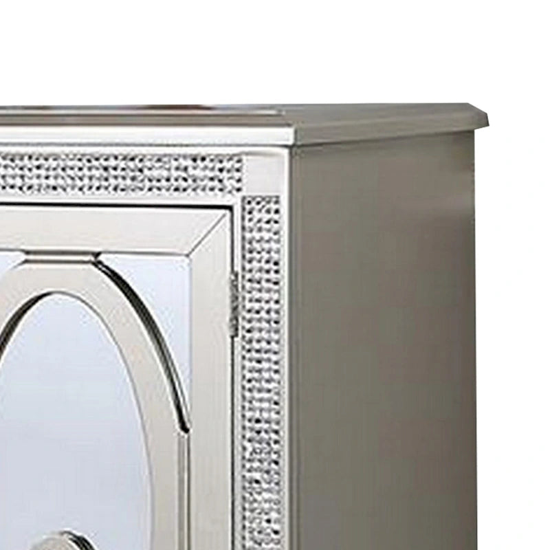 Console de buffet Cate 137 cm, 2 portes, casier à vin, miroir, argenté