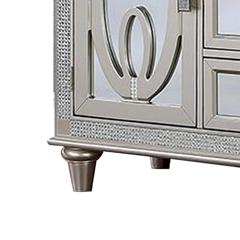 Console de buffet Cate 137 cm, 2 portes, casier à vin, miroir, argenté