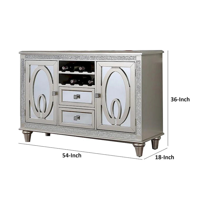 Console de buffet Cate 137 cm, 2 portes, casier à vin, miroir, argenté