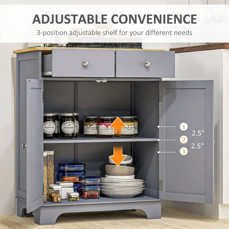 Buffet de salle à manger, Meuble de cuisine à double porte, Meuble de rangement pour bar à café avec 2 tiroirs, Étagère réglable