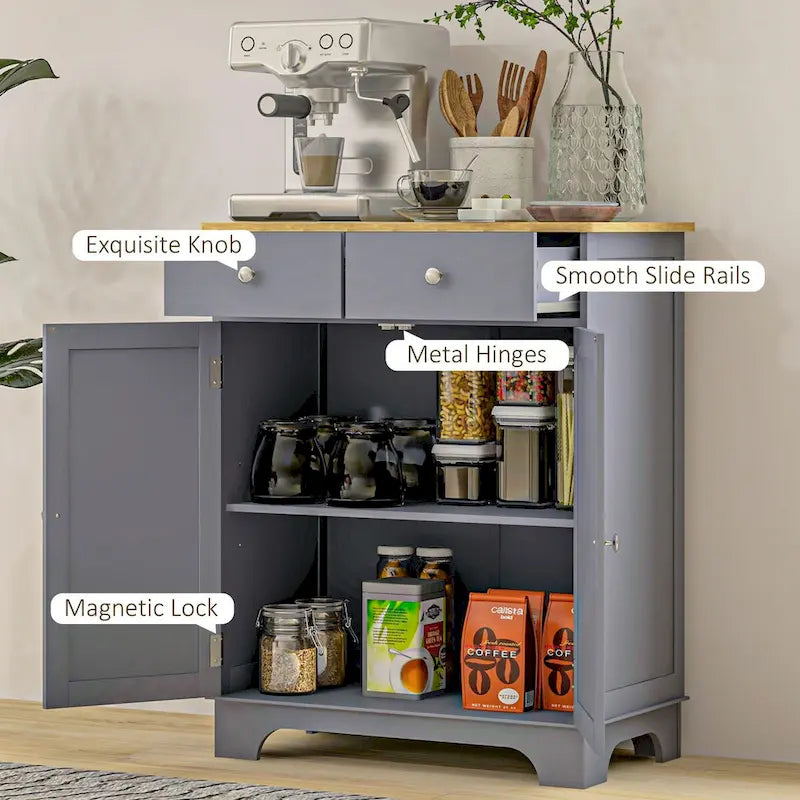 Buffet de salle à manger, Meuble de cuisine à double porte, Meuble de rangement pour bar à café avec 2 tiroirs, Étagère réglable