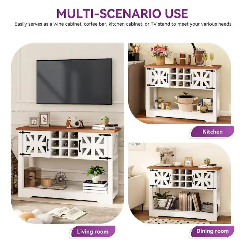 Meuble console d'entrée en bois blanc de style ferme de 45,5 po Buffet de rangement avec casier à vin - 45,3 long. x 15 larg. x 31,5 haut.