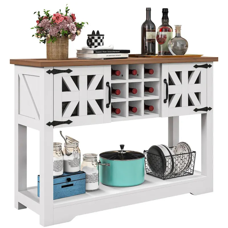 Meuble console d'entrée en bois blanc de style ferme de 45,5 po Buffet de rangement avec casier à vin - 45,3 long. x 15 larg. x 31,5 haut.