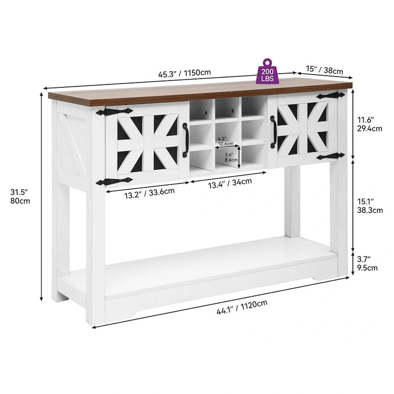 Meuble console d'entrée en bois blanc de style ferme de 45,5 po Buffet de rangement avec casier à vin - 45,3 long. x 15 larg. x 31,5 haut.