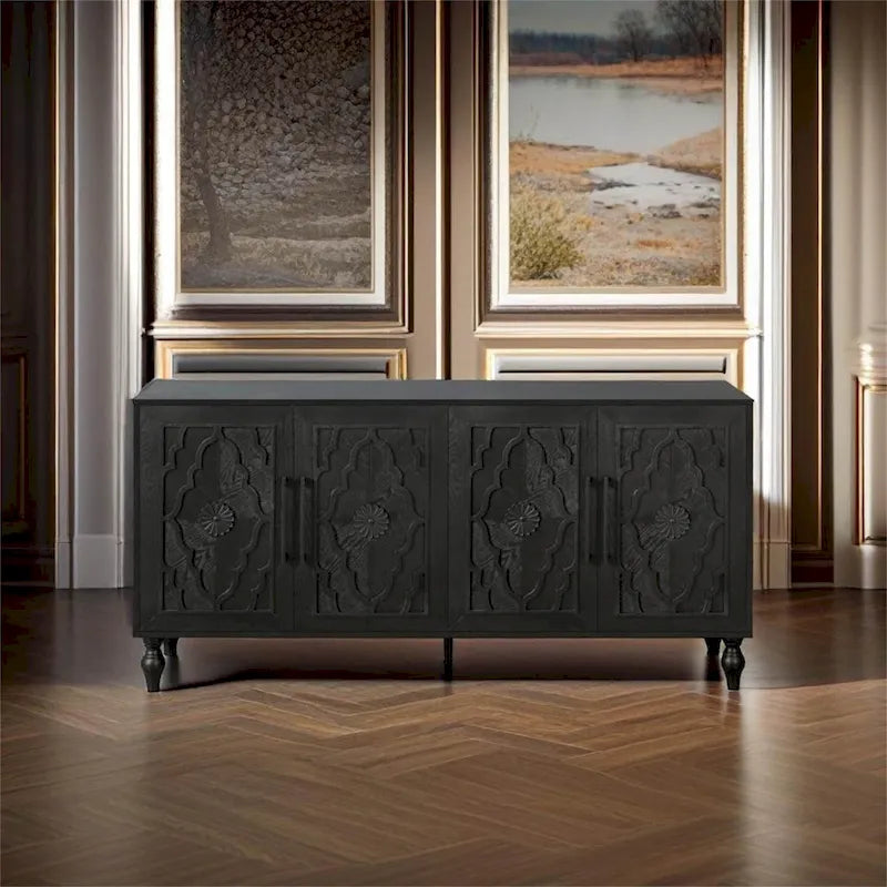 Grand meuble de rangement avec portes sculptées motif floral