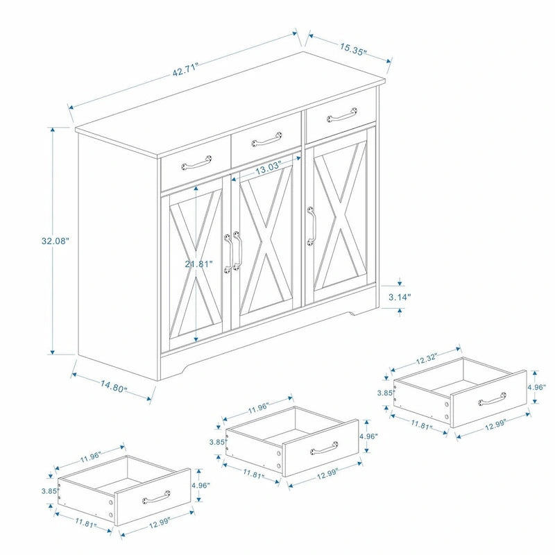 Meuble de Rangement Buffet de Ferme avec 3 Tiroirs et 3 Portes