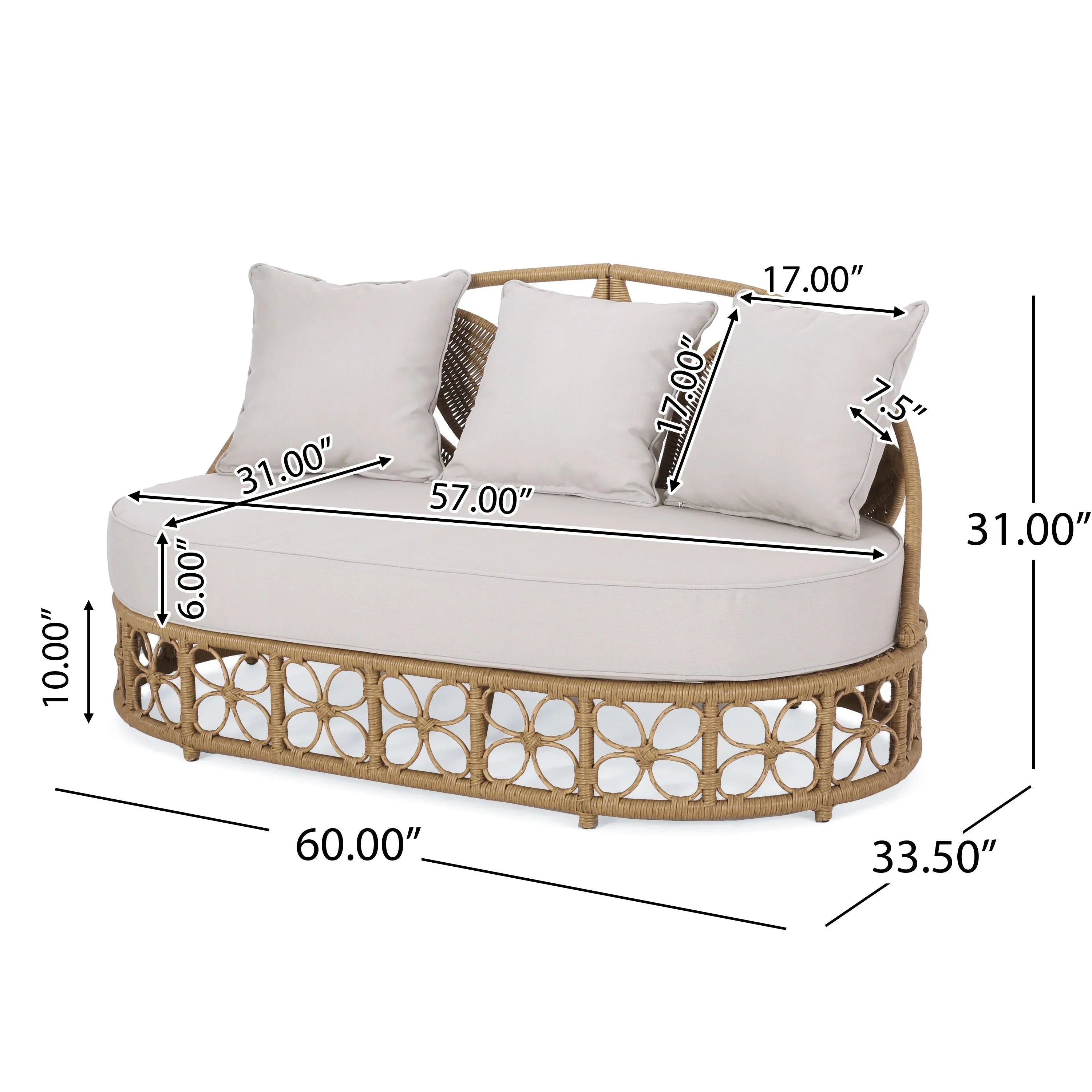Canapé de jardin Homan en osier avec coussins, marron clair et beige
