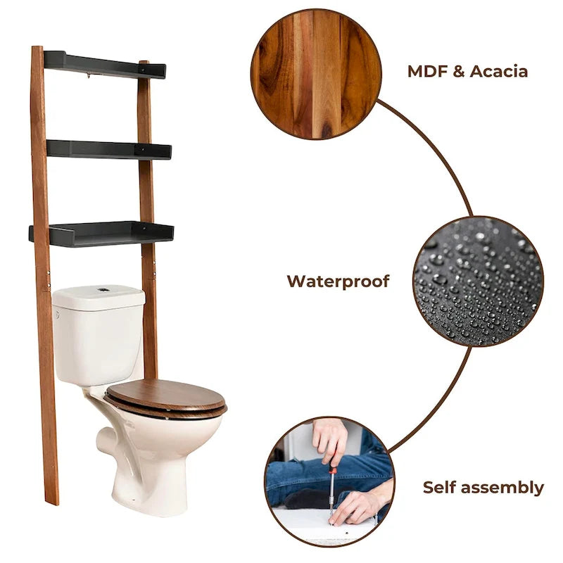 Étagère de rangement au-dessus des toilettes avec design en échelle 3 paniers - 60 L x 21,5 P x 166,5 H cm