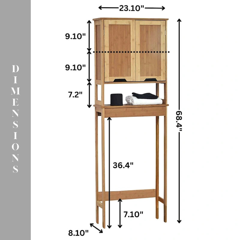 Armoire de rangement en bambou à placer au-dessus des toilettes avec deux portes et une étagère ouverte Collection Mahe - 23,10L x 8,10l x 68,4H
