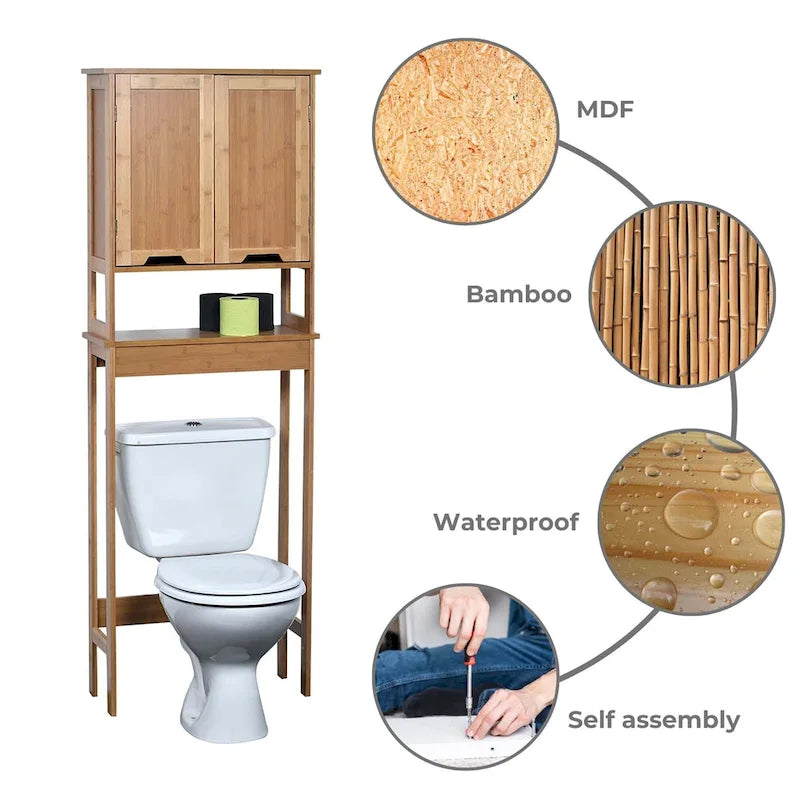 Armoire de rangement en bambou à placer au-dessus des toilettes avec deux portes et une étagère ouverte Collection Mahe - 23,10L x 8,10l x 68,4H