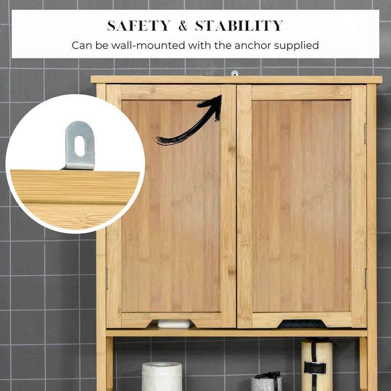 Armoire de rangement en bambou à placer au-dessus des toilettes avec deux portes et une étagère ouverte Collection Mahe - 23,10L x 8,10l x 68,4H