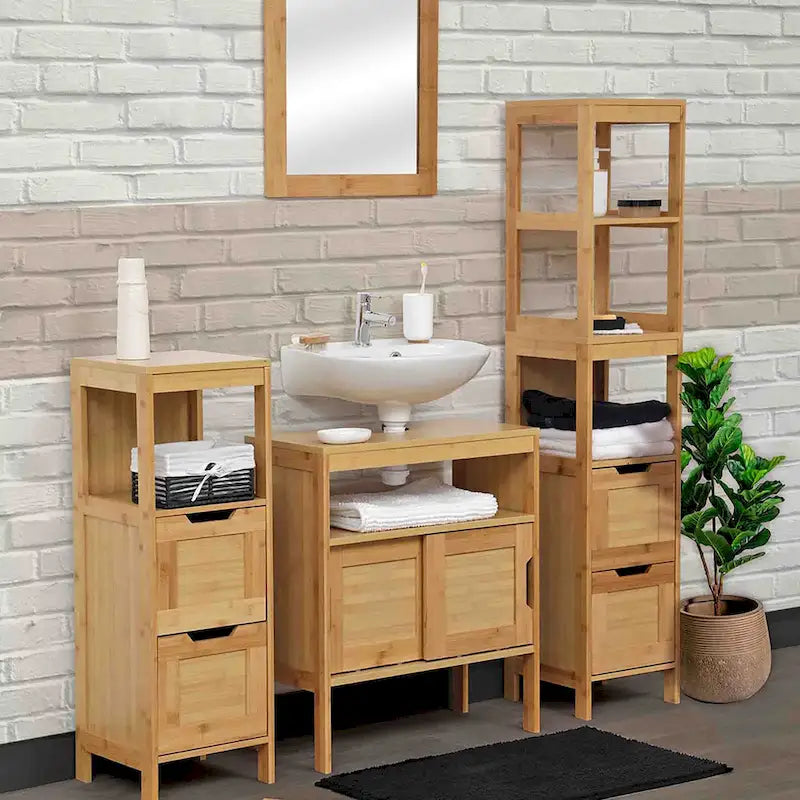 Armoire de rangement en bambou à placer au-dessus des toilettes avec deux portes et une étagère ouverte Collection Mahe - 23,10L x 8,10l x 68,4H