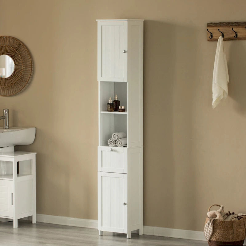 Colonne de salle de bain haute et blanche avec rangement
