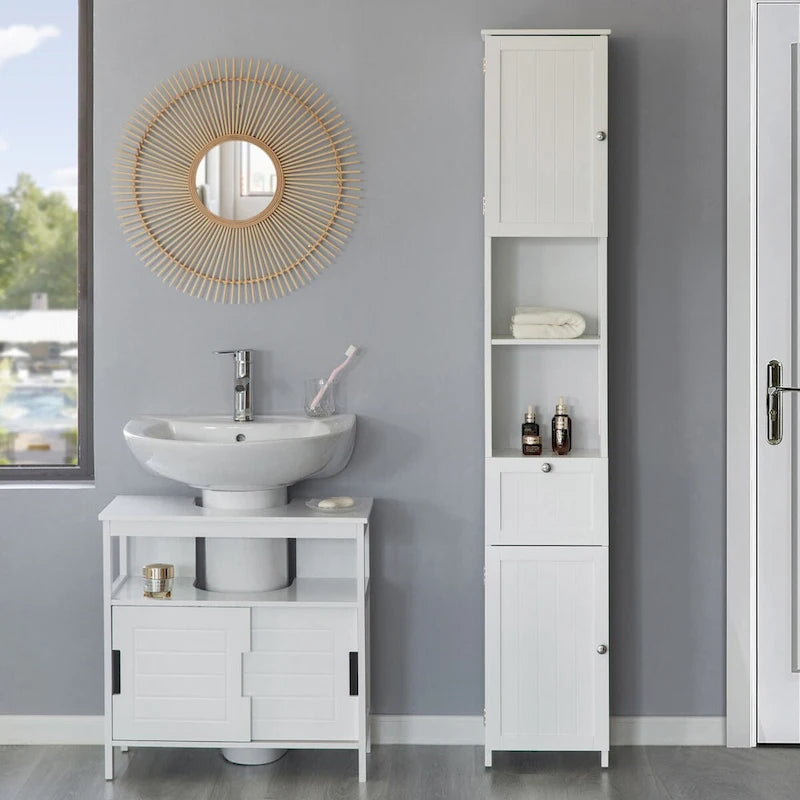Colonne de salle de bain haute et blanche avec rangement