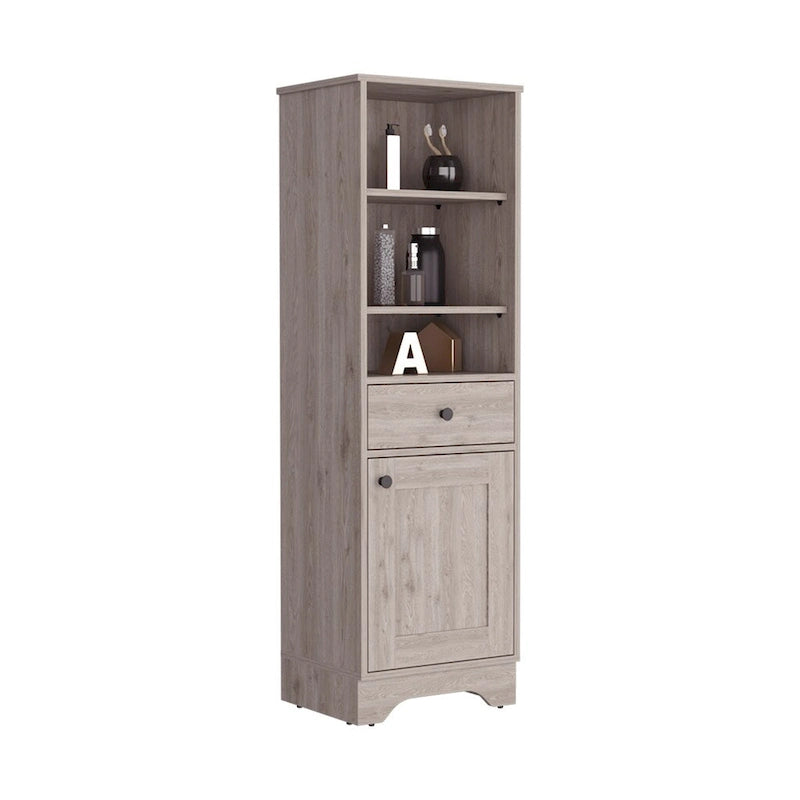 Armoire à linge brûlée, un tiroir, un placard, plusieurs étagères, finition gris clair