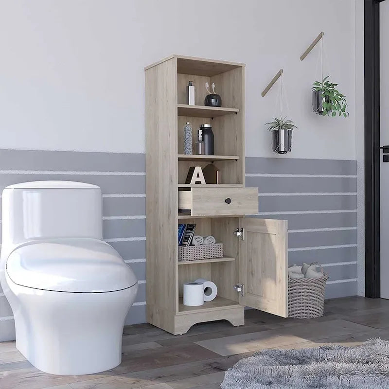 Armoire à linge brûlée, un tiroir, un placard, plusieurs étagères, finition gris clair