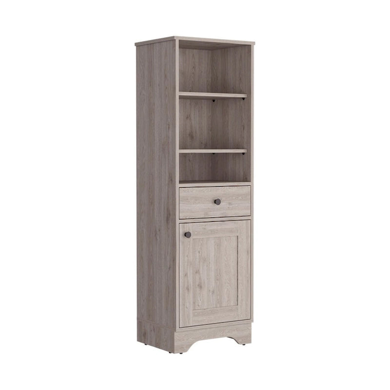 Armoire à linge brûlée, un tiroir, un placard, plusieurs étagères, finition gris clair