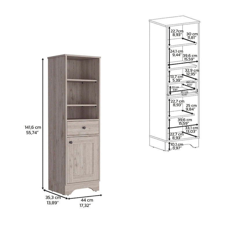 Armoire à linge brûlée, un tiroir, un placard, plusieurs étagères, finition gris clair