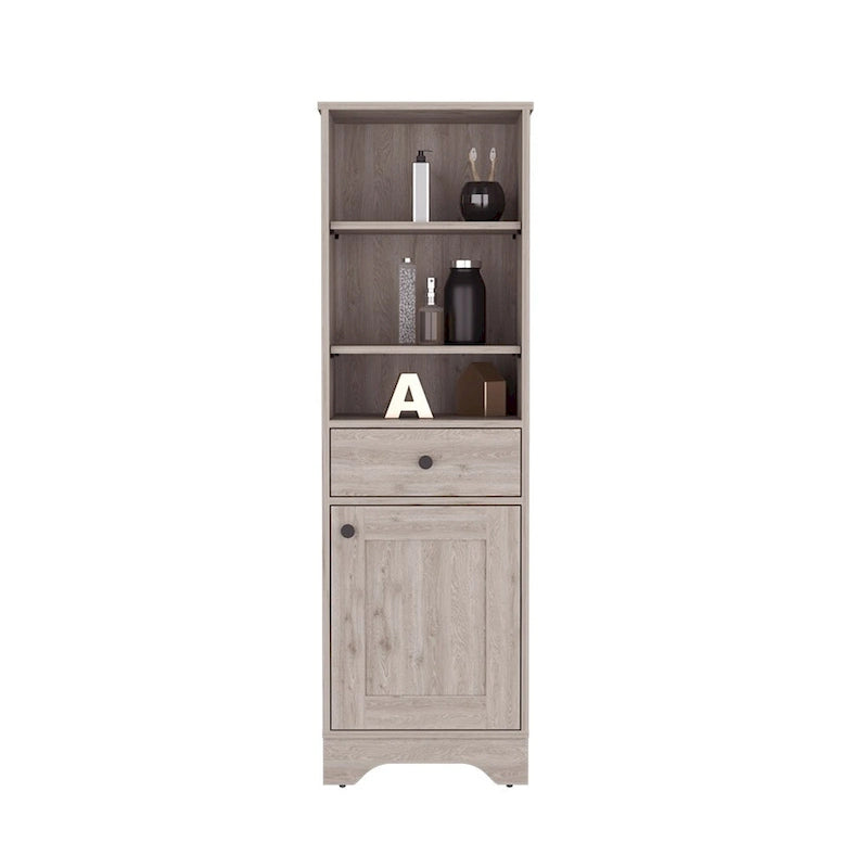 Armoire à linge brûlée, un tiroir, un placard, plusieurs étagères, finition gris clair