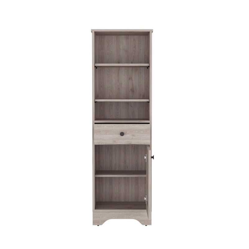Armoire à linge brûlée, un tiroir, un placard, plusieurs étagères, finition gris clair