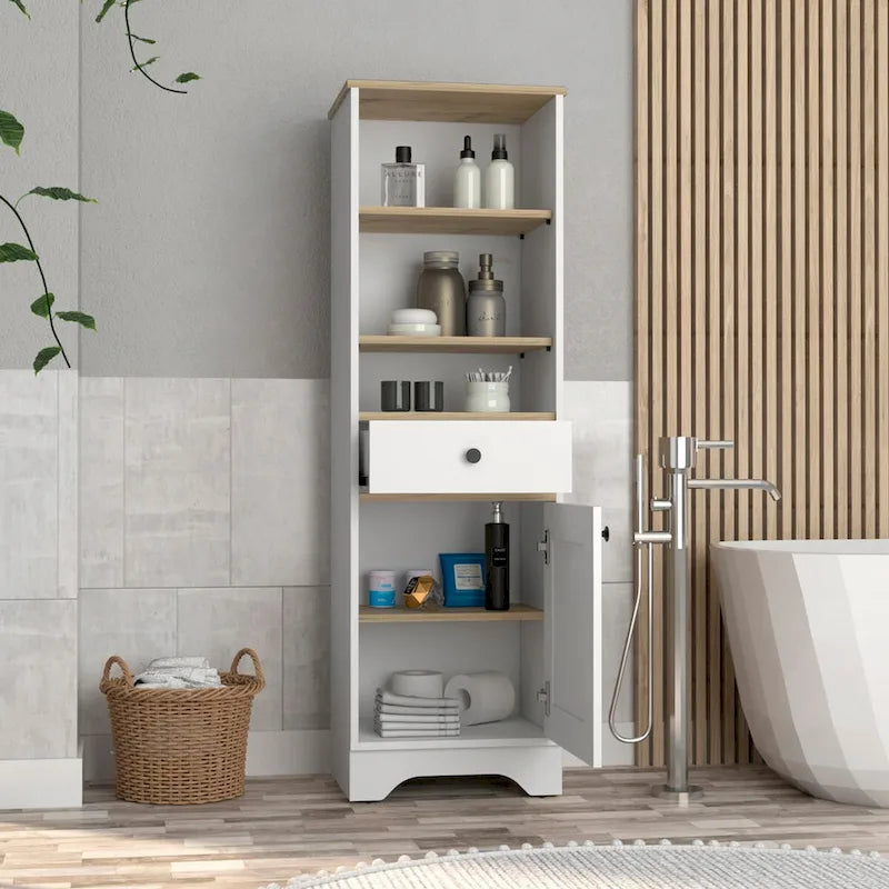 Armoire à linge brûlée, un tiroir, un placard, plusieurs étagères, finition gris clair