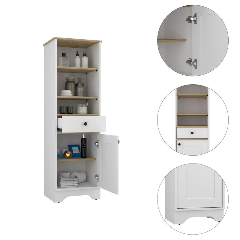 Armoire à linge brûlée, un tiroir, un placard, plusieurs étagères, finition gris clair