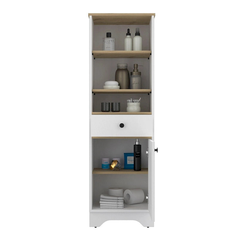 Armoire à linge brûlée, un tiroir, un placard, plusieurs étagères, finition gris clair