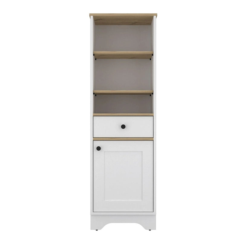 Armoire à linge brûlée, un tiroir, un placard, plusieurs étagères, finition gris clair