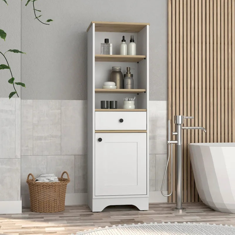 Armoire à linge brûlée, un tiroir, un placard, plusieurs étagères, finition gris clair