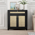 Anmytek Armoire en rotin noir à 2 portes avec tiroirs de rangement et buffet 80L x 35P x 83H cm