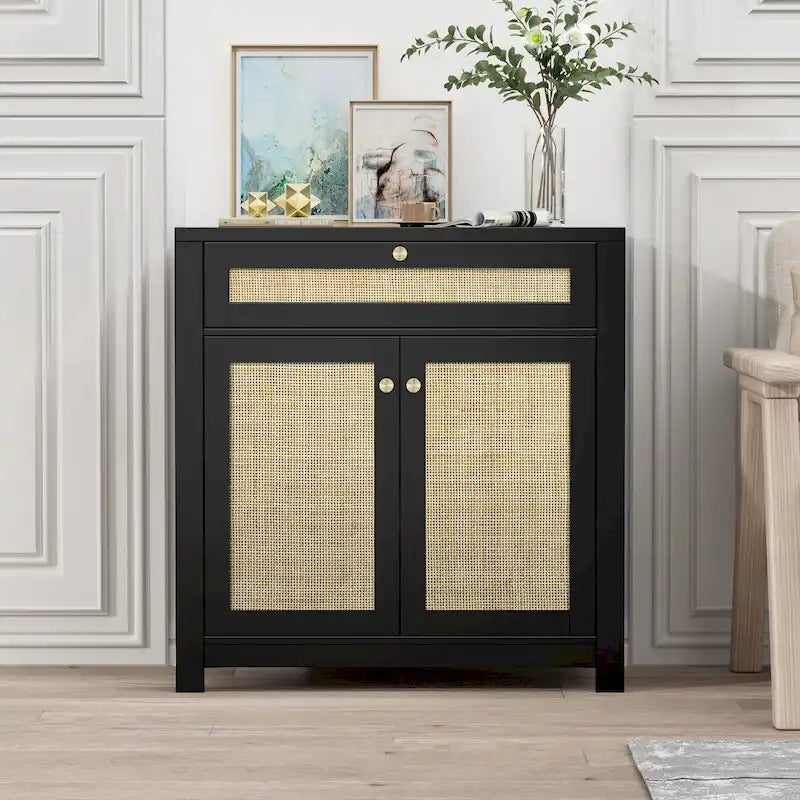 Anmytek Armoire en rotin noir à 2 portes avec tiroirs de rangement et buffet 80L x 35P x 83H cm