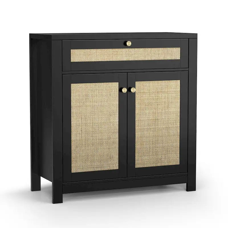 Anmytek Armoire en rotin noir à 2 portes avec tiroirs de rangement et buffet 80L x 35P x 83H cm
