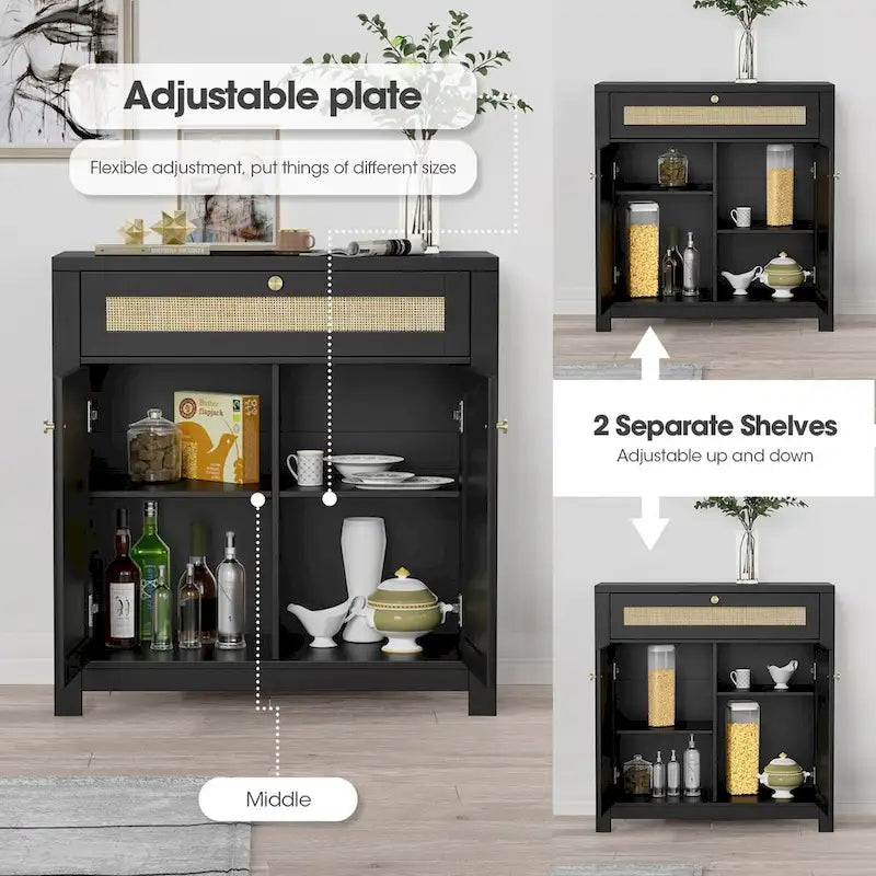 Anmytek Armoire en rotin noir à 2 portes avec tiroirs de rangement et buffet 80L x 35P x 83H cm