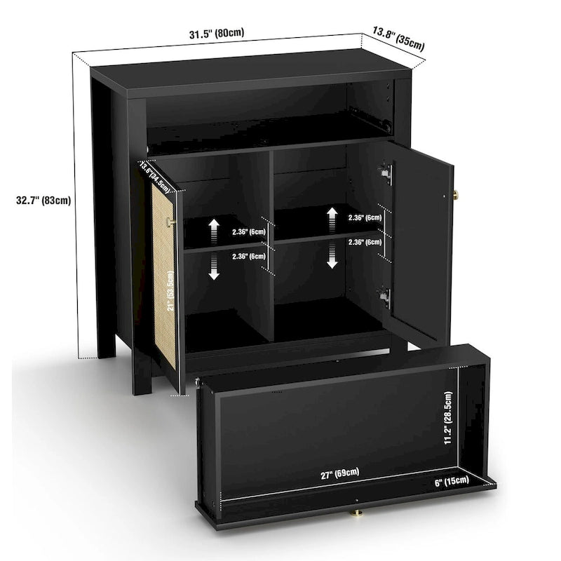 Anmytek Armoire en rotin noir à 2 portes avec tiroirs de rangement et buffet 80L x 35P x 83H cm