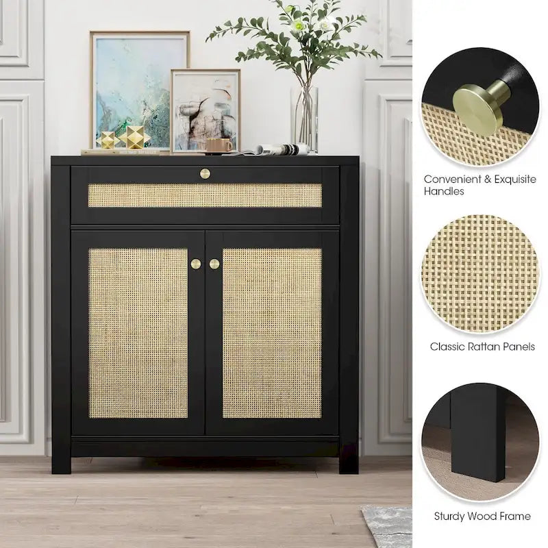 Anmytek Armoire en rotin noir à 2 portes avec tiroirs de rangement et buffet 80L x 35P x 83H cm