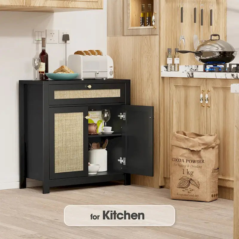 Anmytek Armoire en rotin noir à 2 portes avec tiroirs de rangement et buffet 80L x 35P x 83H cm