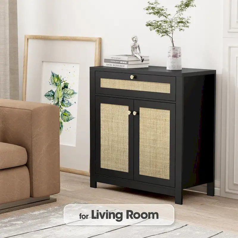 Anmytek Armoire en rotin noir à 2 portes avec tiroirs de rangement et buffet 80L x 35P x 83H cm