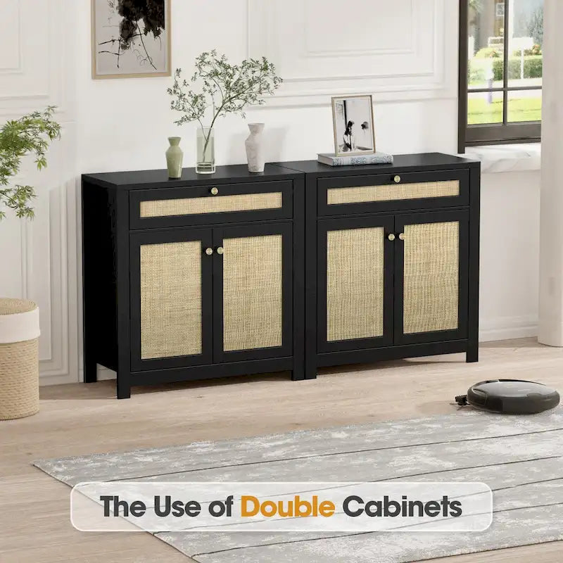 Anmytek Armoire en rotin noir à 2 portes avec tiroirs de rangement et buffet 80L x 35P x 83H cm